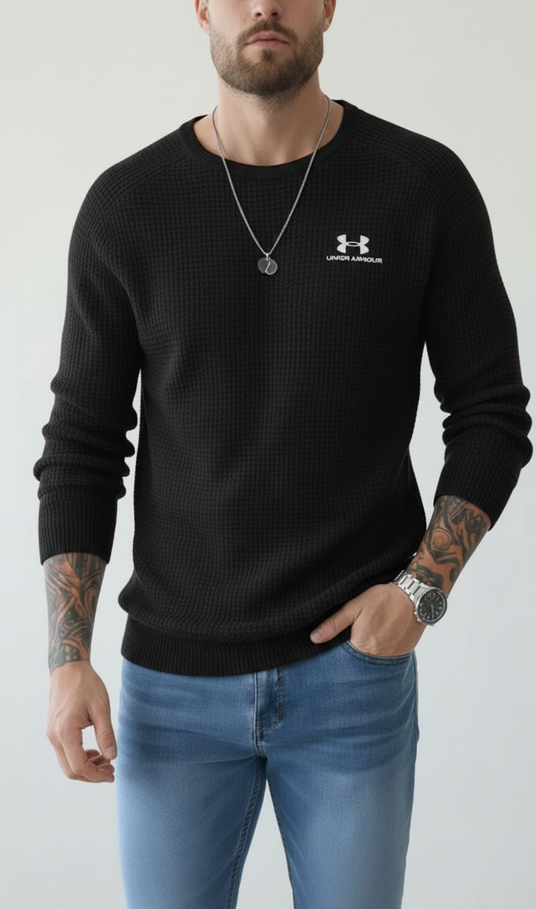 Men’s Waffle Knit Crew Neck Long‑Sleeve Sweater