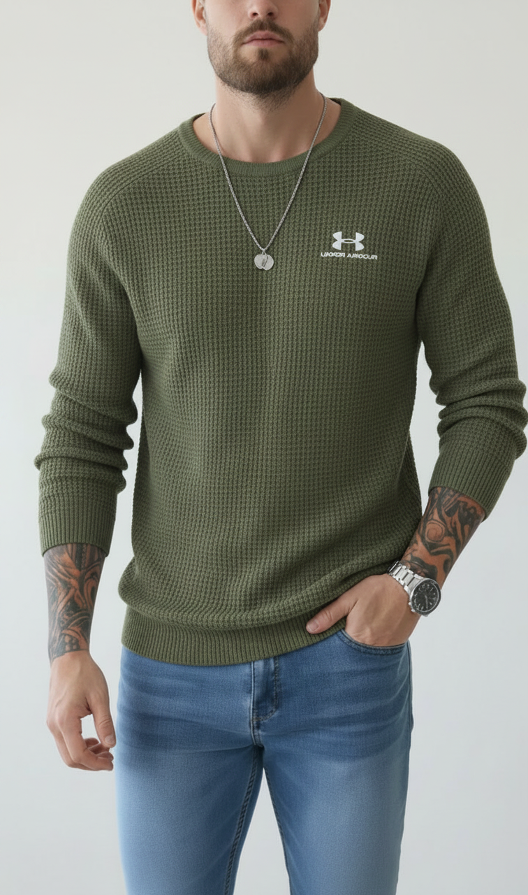 Men’s Waffle Knit Crew Neck Long‑Sleeve Sweater