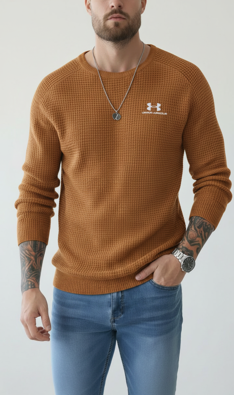 Men’s Waffle Knit Crew Neck Long‑Sleeve Sweater