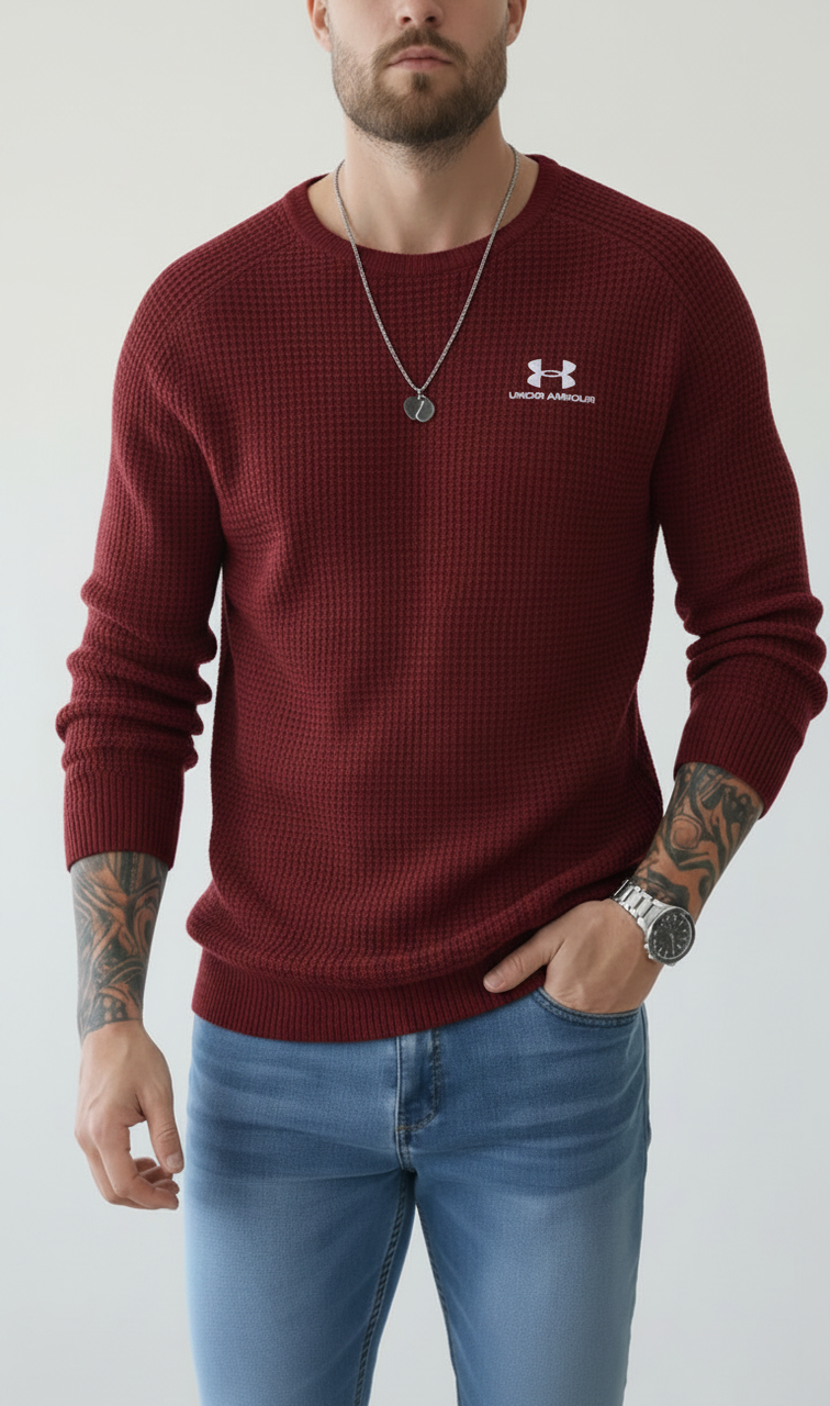 Men’s Waffle Knit Crew Neck Long‑Sleeve Sweater
