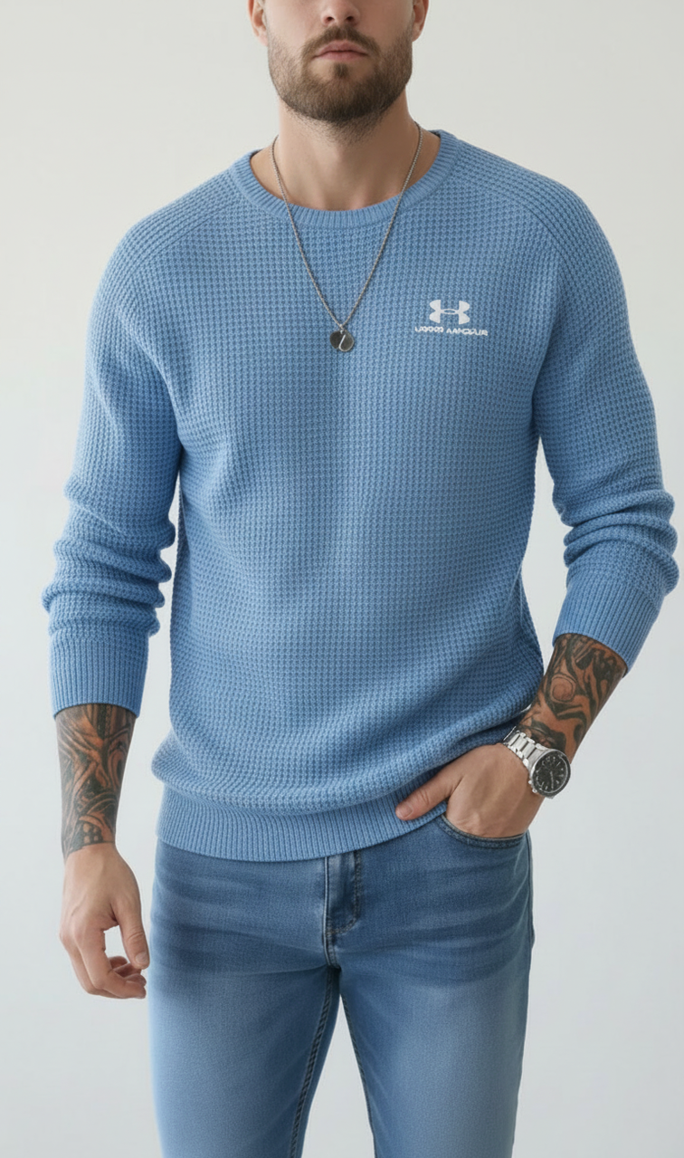 Men’s Waffle Knit Crew Neck Long‑Sleeve Sweater